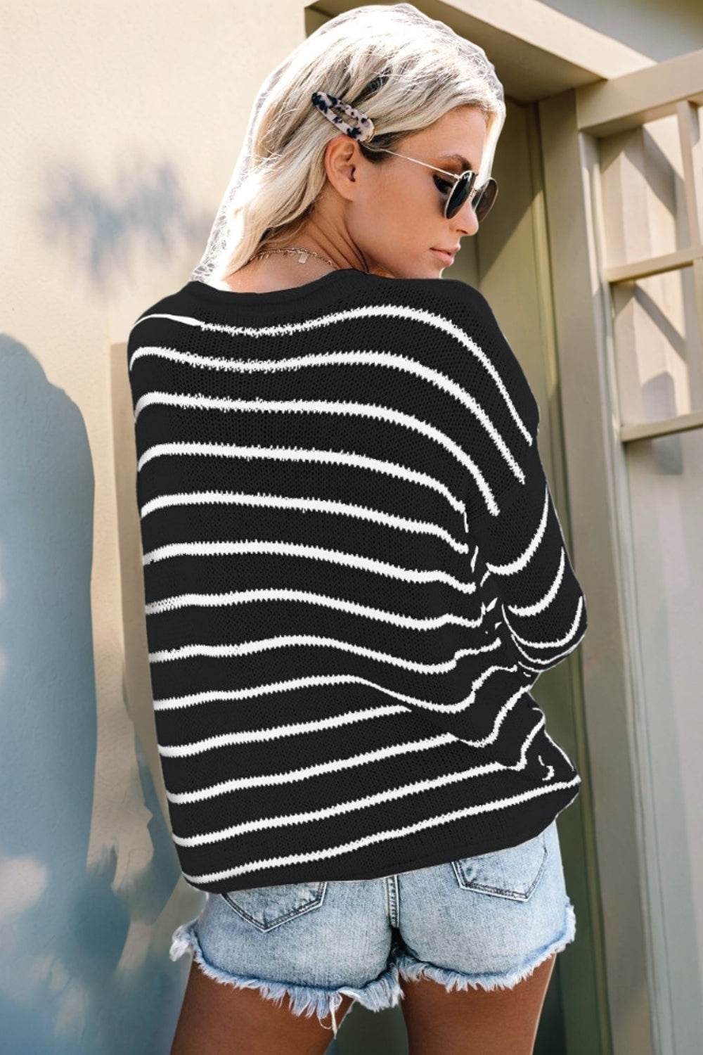 Striped Round Neck Drop Shoulder Sweater - DaTrendStore.Com
