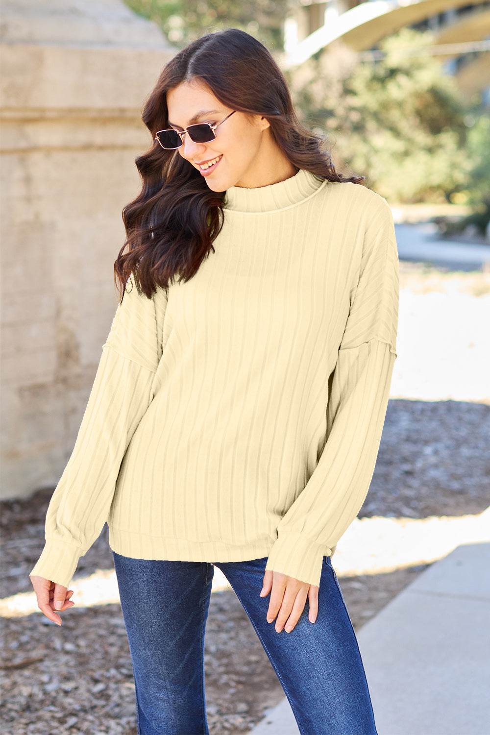 Basic Bae Full Size Ribbed Exposed Seam Mock Neck Knit Top - DaTrendStore.Com
