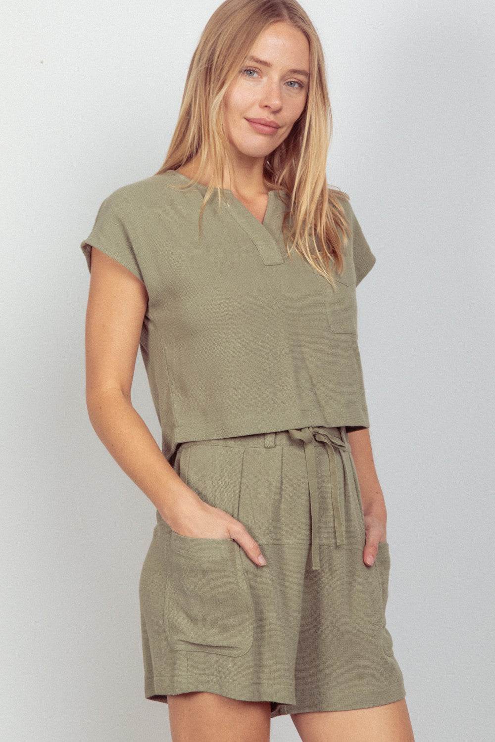 VERY J Woven Cropped Top & Waist Tie Shorts Set - DaTrendStore.Com