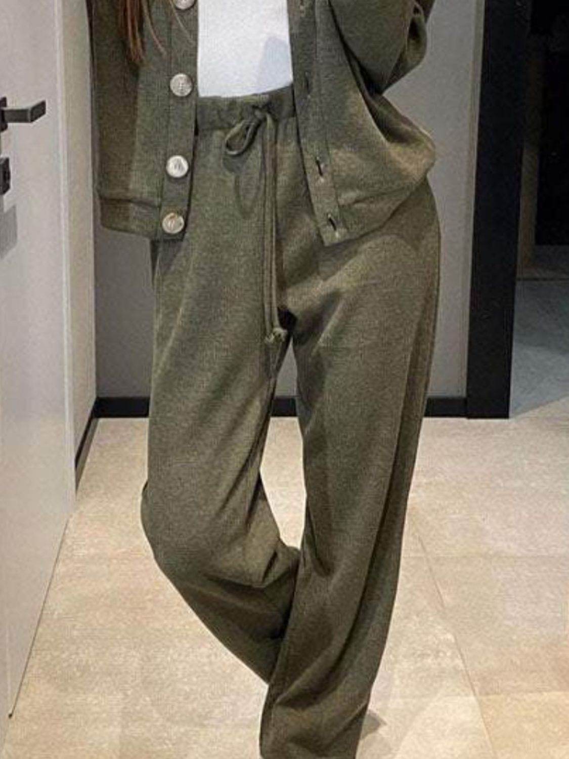 Full Size Button Up Long Sleeve Top and Pants Set - DaTrendStore.Com