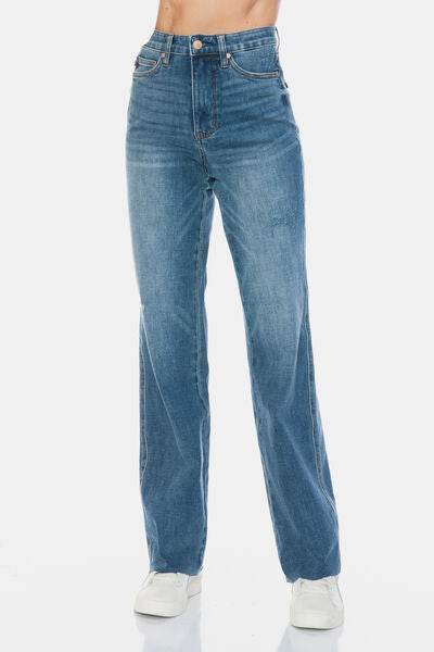 Judy Blue Full Size Tummy Control Cut Raw Hem Straight Jeans - DaTrendStore.Com