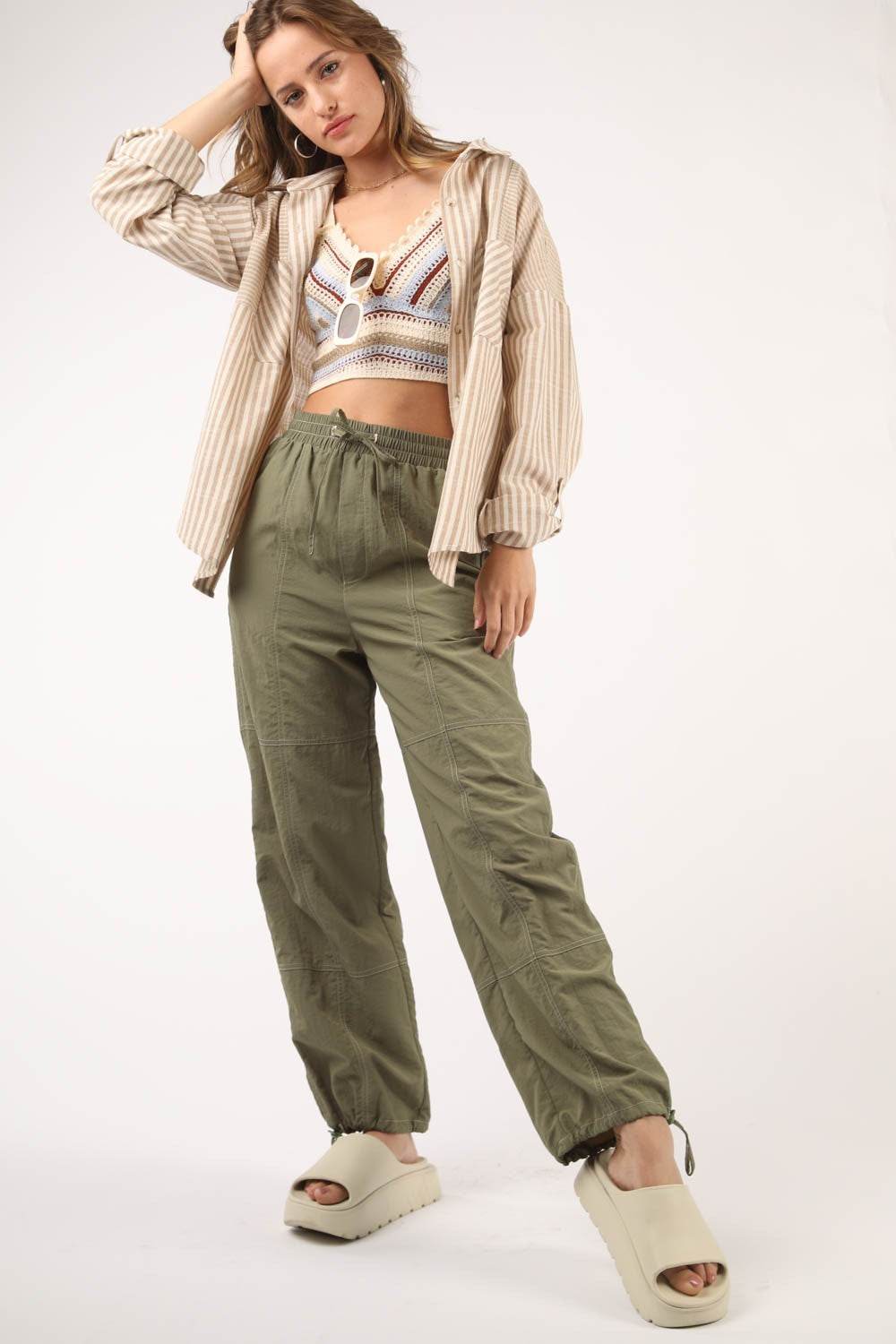 VERY J Drawstring Woven Parachute Joggers - DaTrendStore.Com