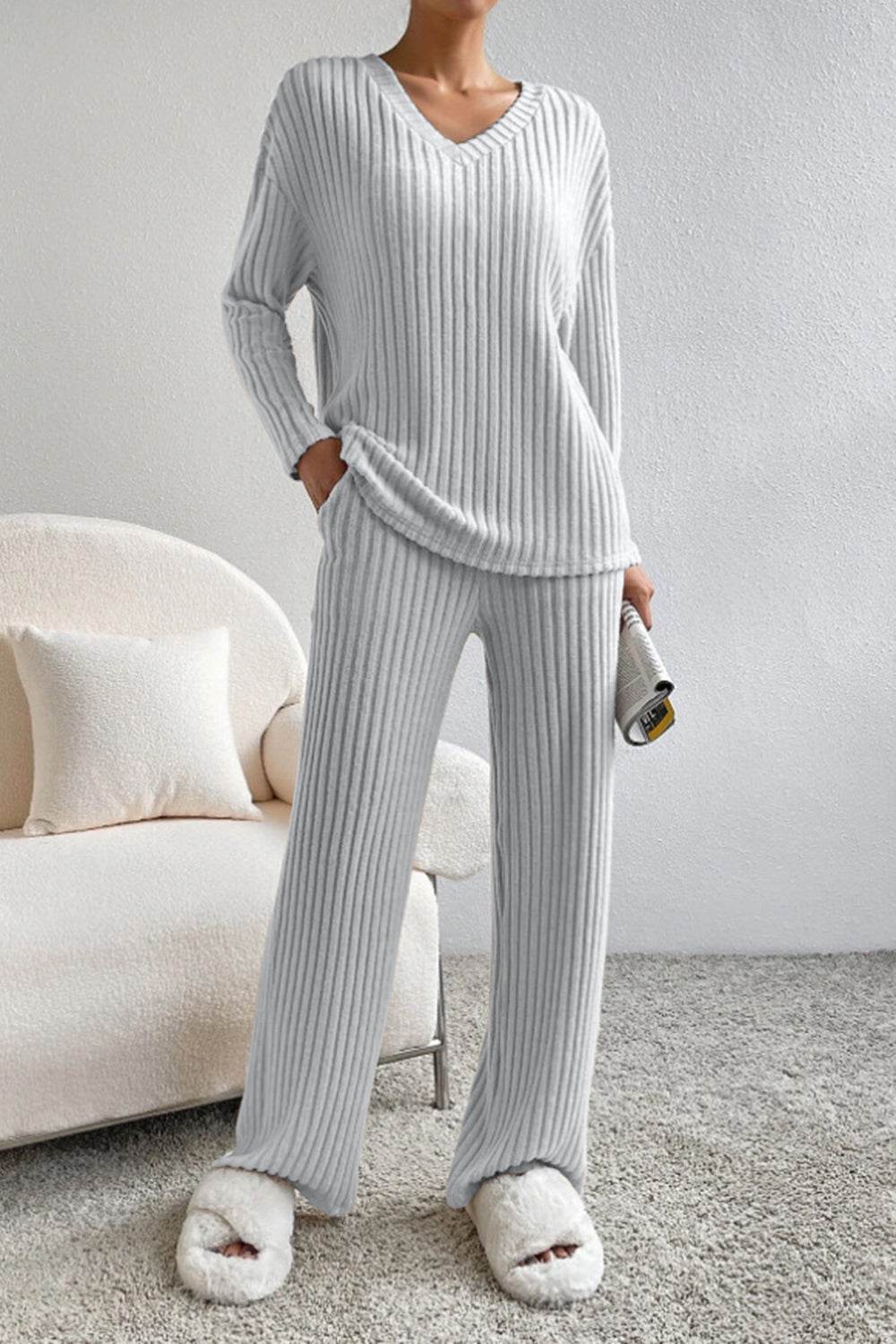 Ribbed V-Neck Top and Pants Set - DaTrendStore.Com