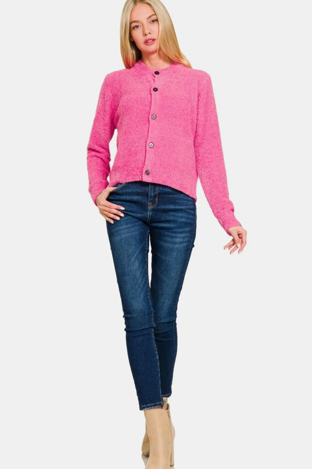 Zenana Button Down Long Sleeve Sweater Cardigan - Fuchsia