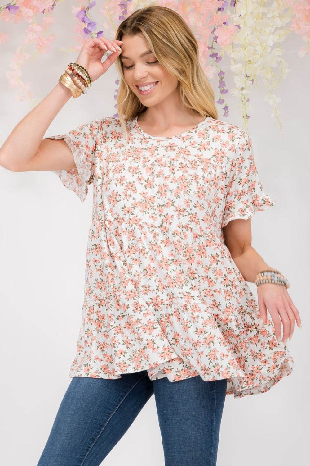 Celeste Full Size Floral Ruffled Short Sleeve Blouse - DaTrendStore.Com