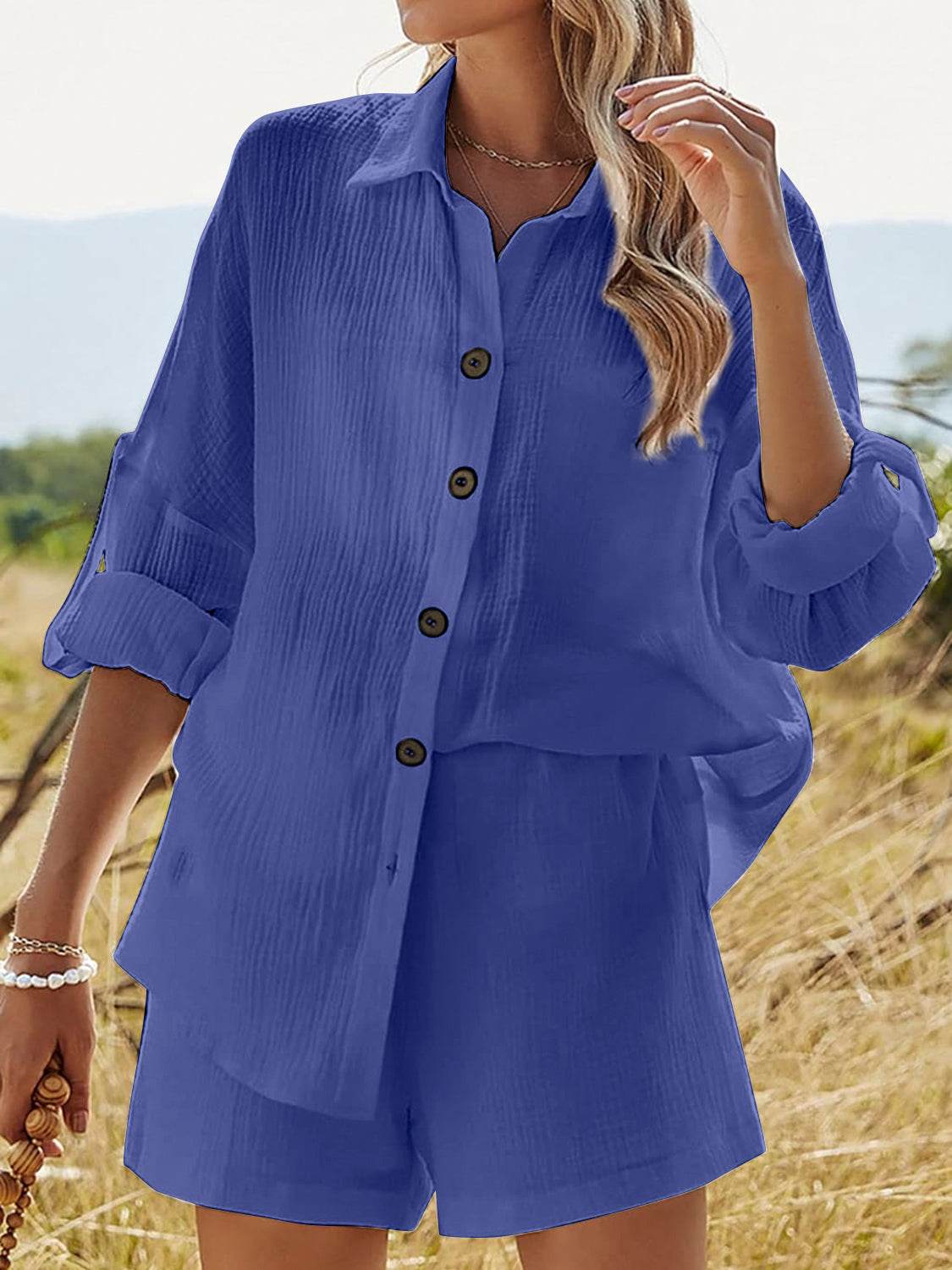 Texture Button Up Shirt and Shorts Set - DaTrendStore.Com