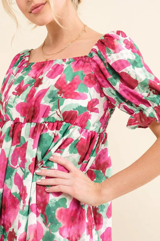 And The Why Fuchsia Smocked Floral Mini Dress