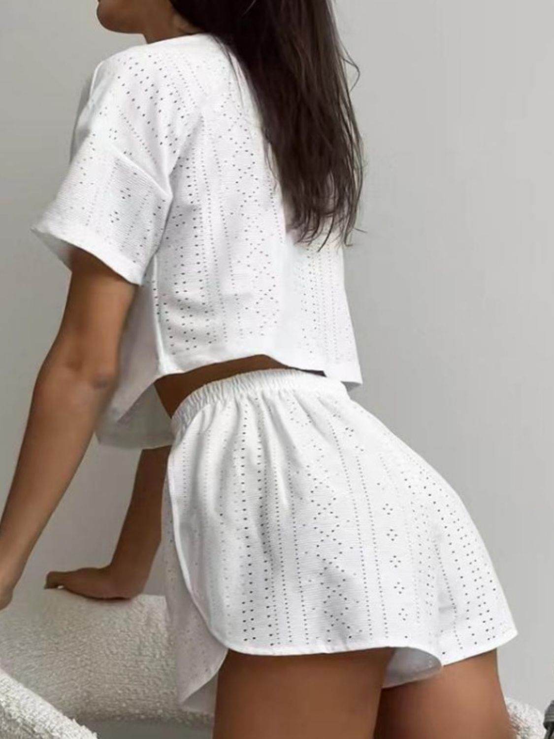 Eyelet Round Neck Top and Shorts Set - DaTrendStore.Com