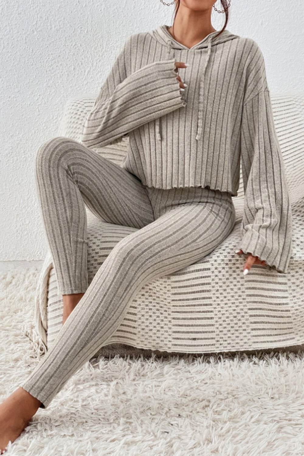 Lettuce Hem Dropped Shoulder Hooded Top and Pants Set - DaTrendStore.Com