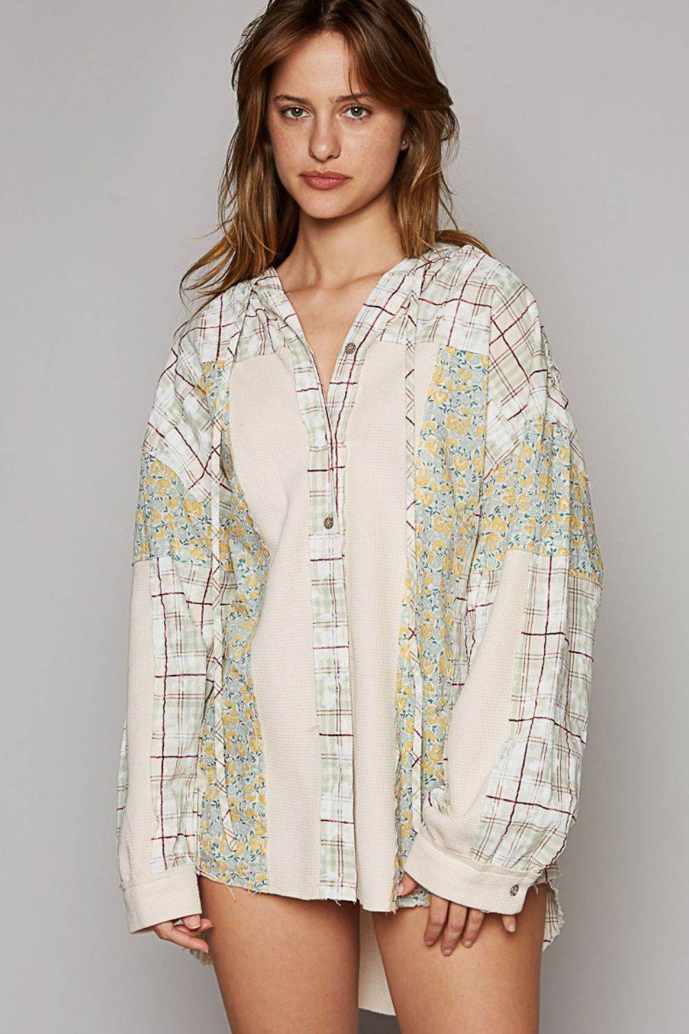 POL Long Sleeve Knit Mixed Hoodie Plaid Shirt - DaTrendStore.Com