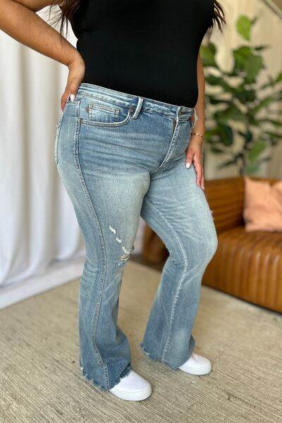 Judy Blue Full Size Medium Rise Tummy Control Destroy Flare - DaTrendStore.Com