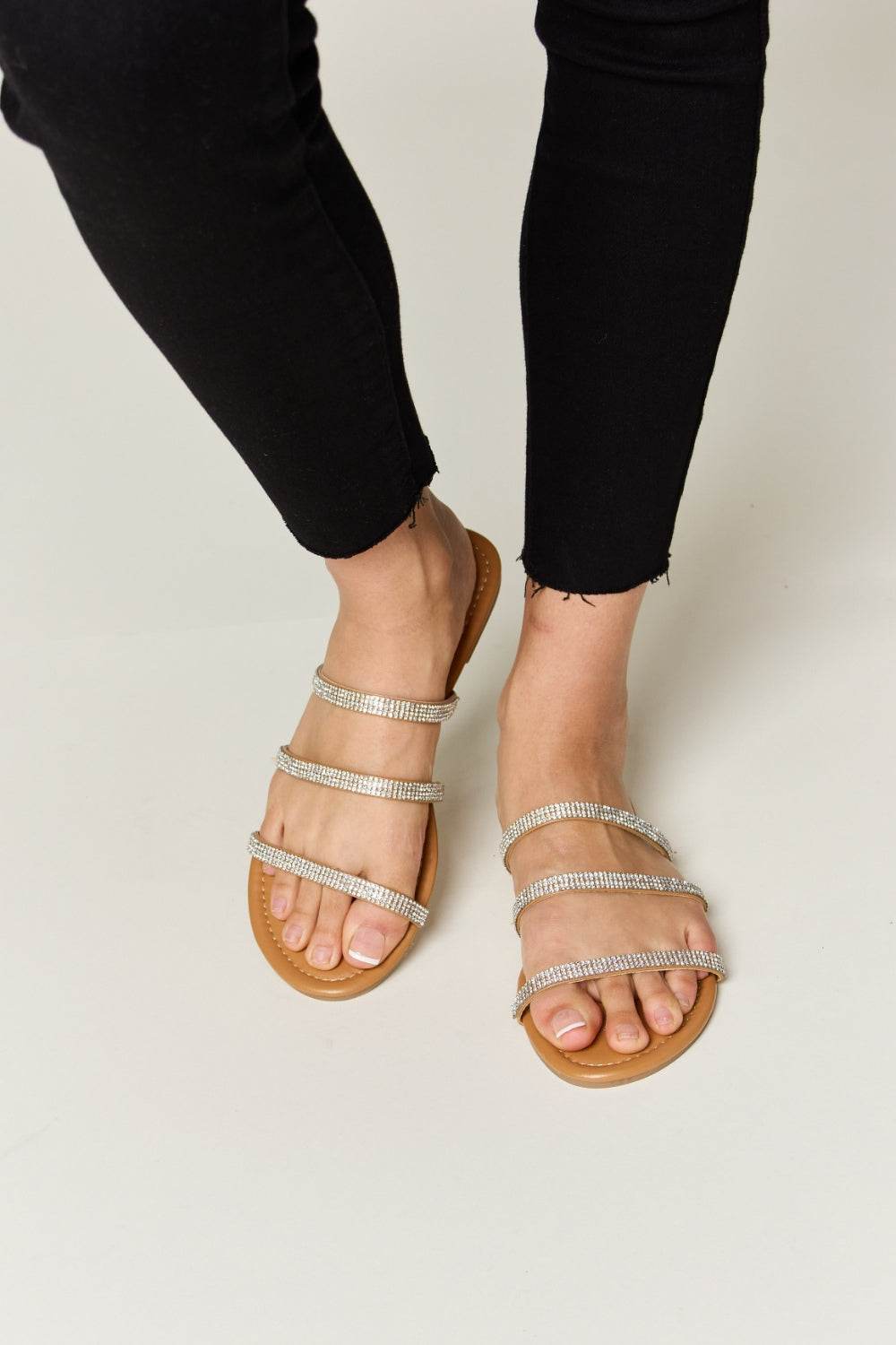 WILD DIVA Rhinestone Three-Strap Flat Sandals - DaTrendStore.Com