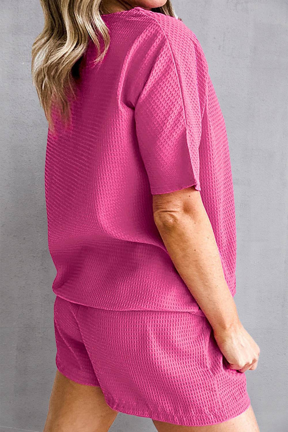 Waffle-Knit Round Neck Top and Shorts Set - DaTrendStore.Com