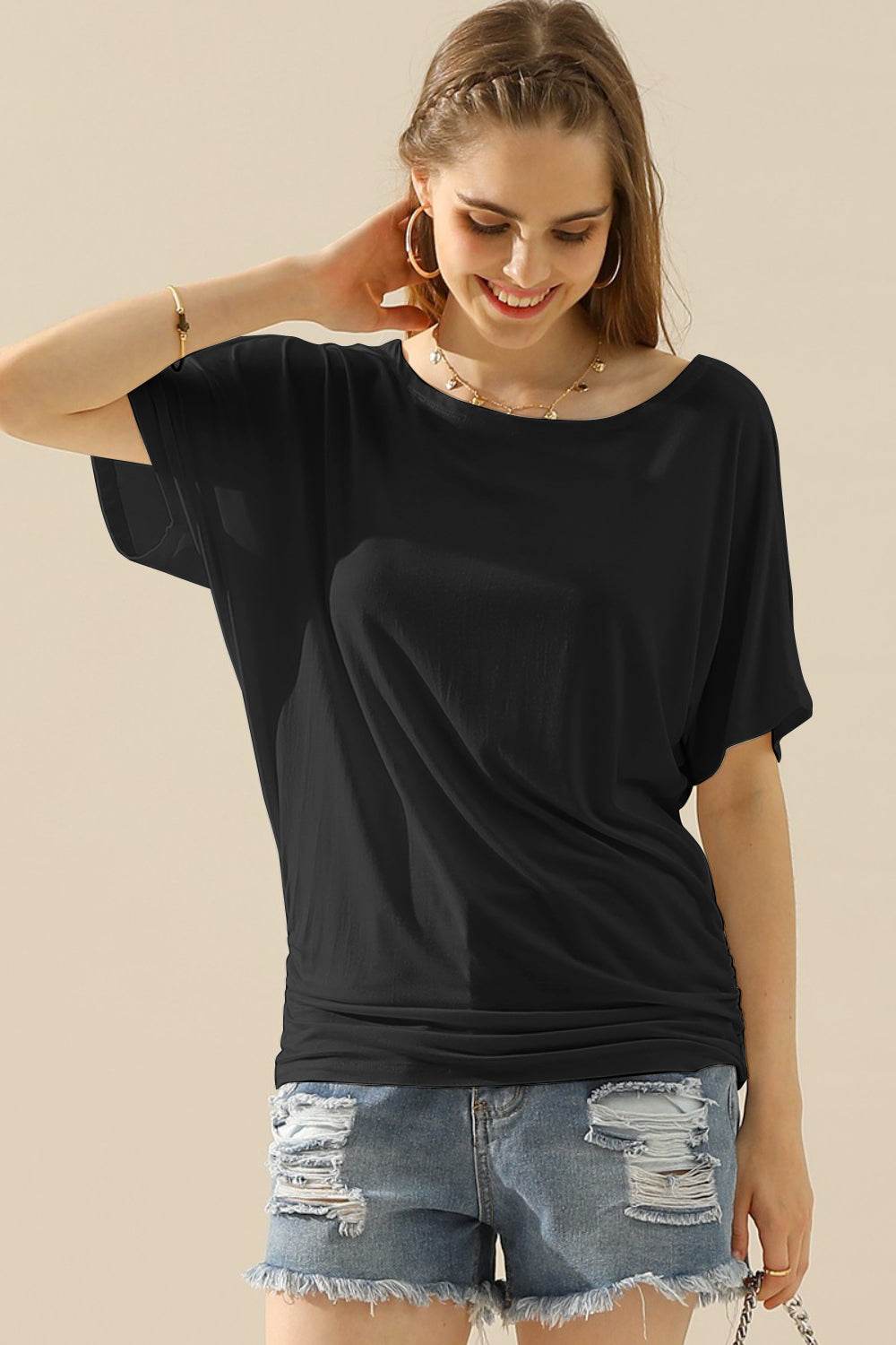 Ninexis Boat Neck Short Sleeve Ruched Side Top - DaTrendStore.Com