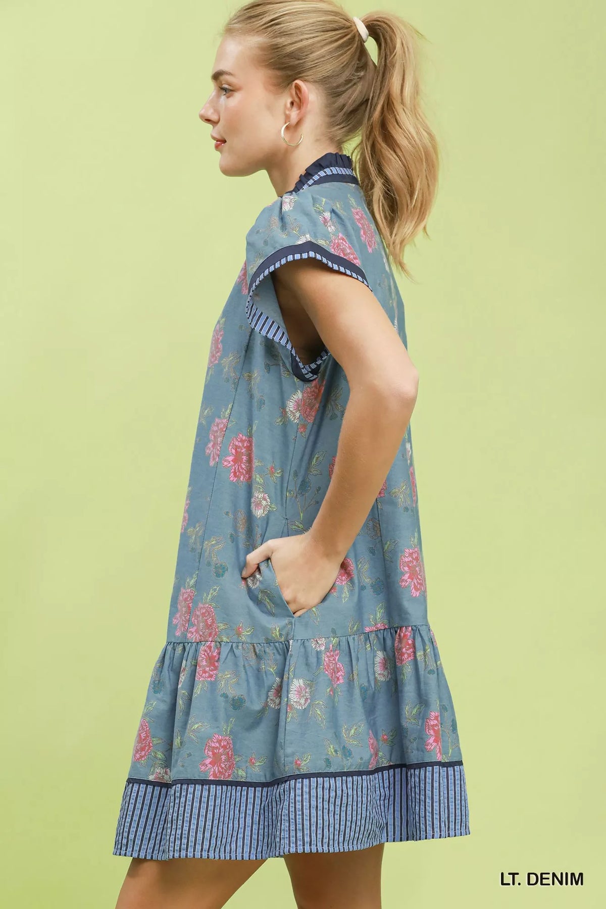Umgee Floral Contrast Trim Ruffle Hem Mini Dress - Lt. Denim