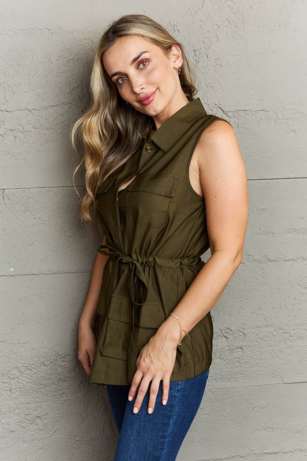 Ninexis Follow The Light Sleeveless Collared Button Down Top - DaTrendStore.Com