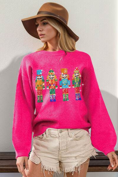 Double Take Full Size Sequin Nutcracker Long Sleeve Sweater - DaTrendStore.Com