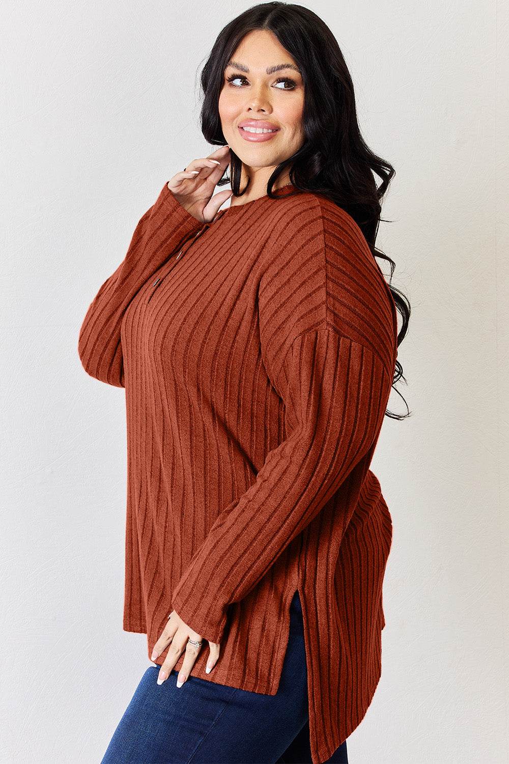 Basic Bae Full Size Ribbed Half Button Long Sleeve High-Low T-Shirt - DaTrendStore.Com