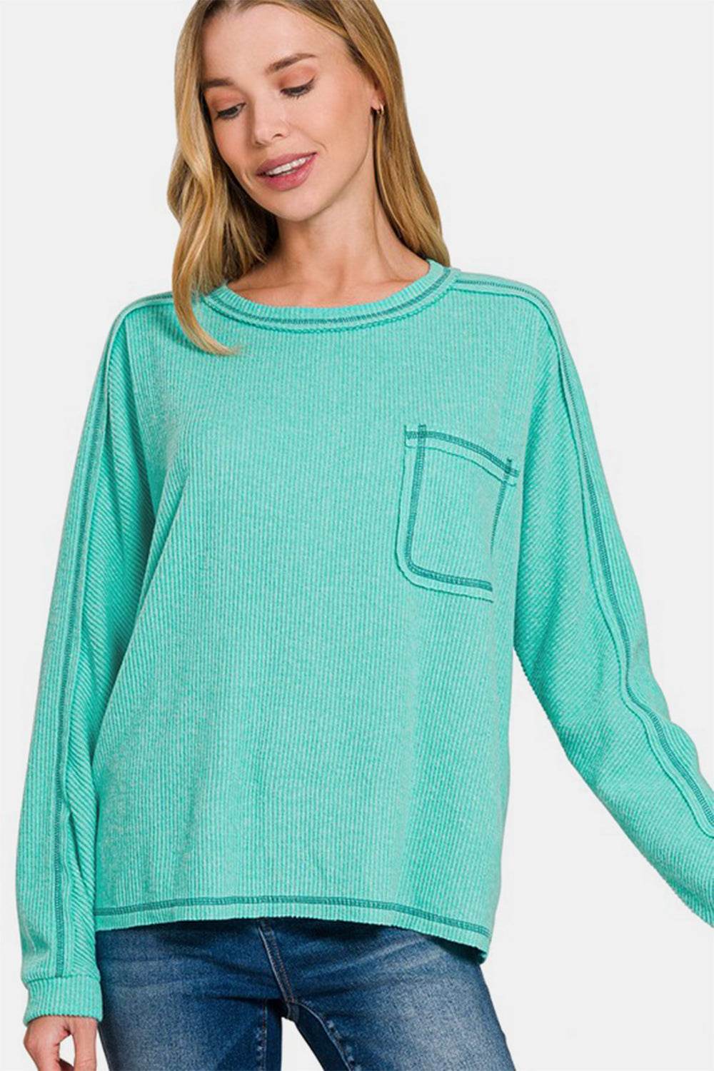 Zenana Full Size Contrast Stitching Brushed Ribbed Hacci Knit Top Plus Size - DaTrendStore.Com