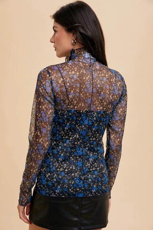 Annie Wear Black/Blue Floral Mesh Top