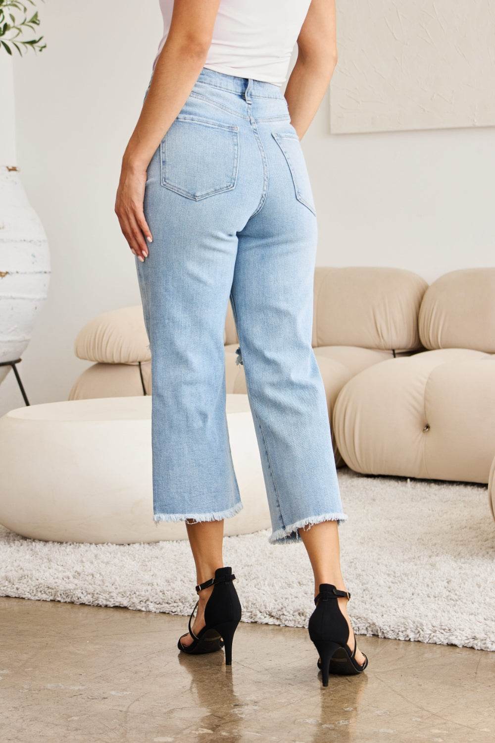 RFM Full Size Tummy Control High Waist Raw Hem Distressed Jeans - DaTrendStore.Com