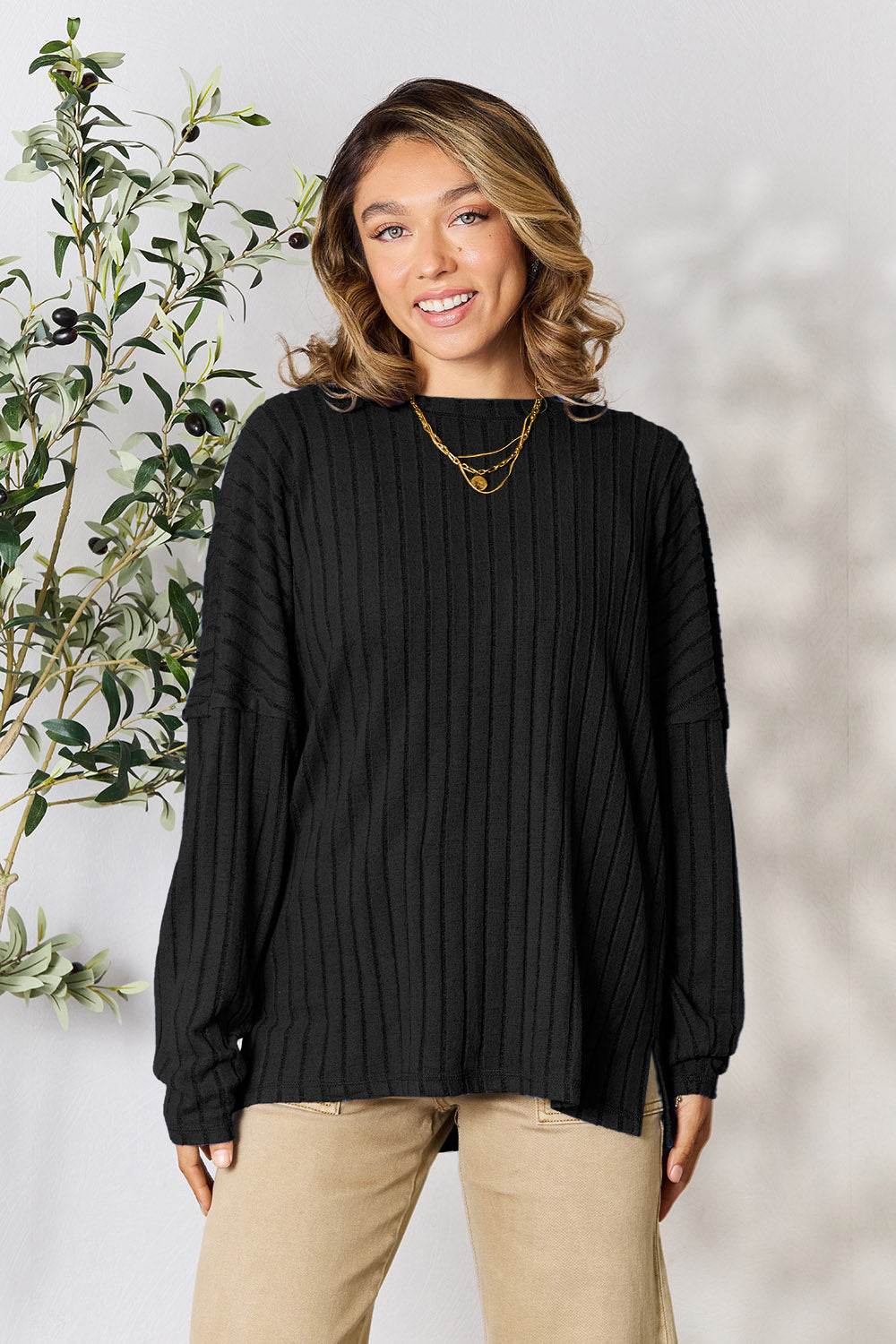 Basic Bae Full Size Ribbed Round Neck Slit Knit Top - DaTrendStore.Com