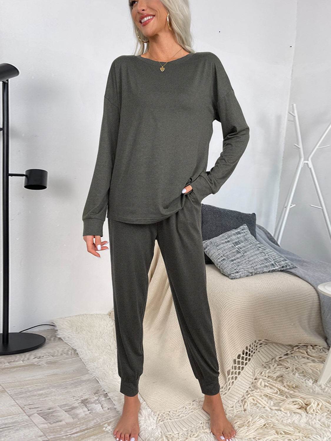 Shiny Round Neck Top and Drawstring Pants Lounge Set - DaTrendStore.Com