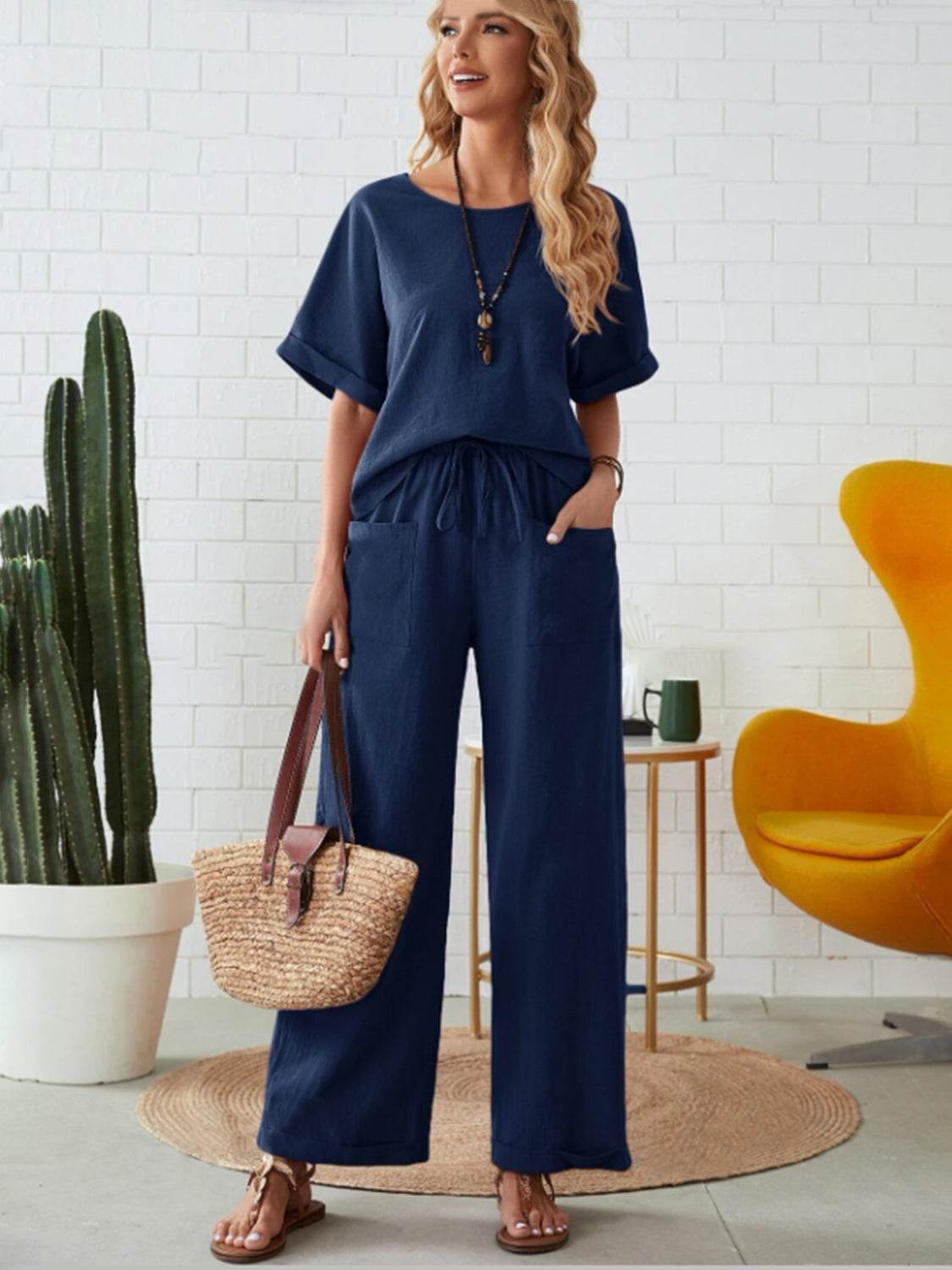 Round Neck Half Sleeve Top and Pocketed Pants Set - DaTrendStore.Com