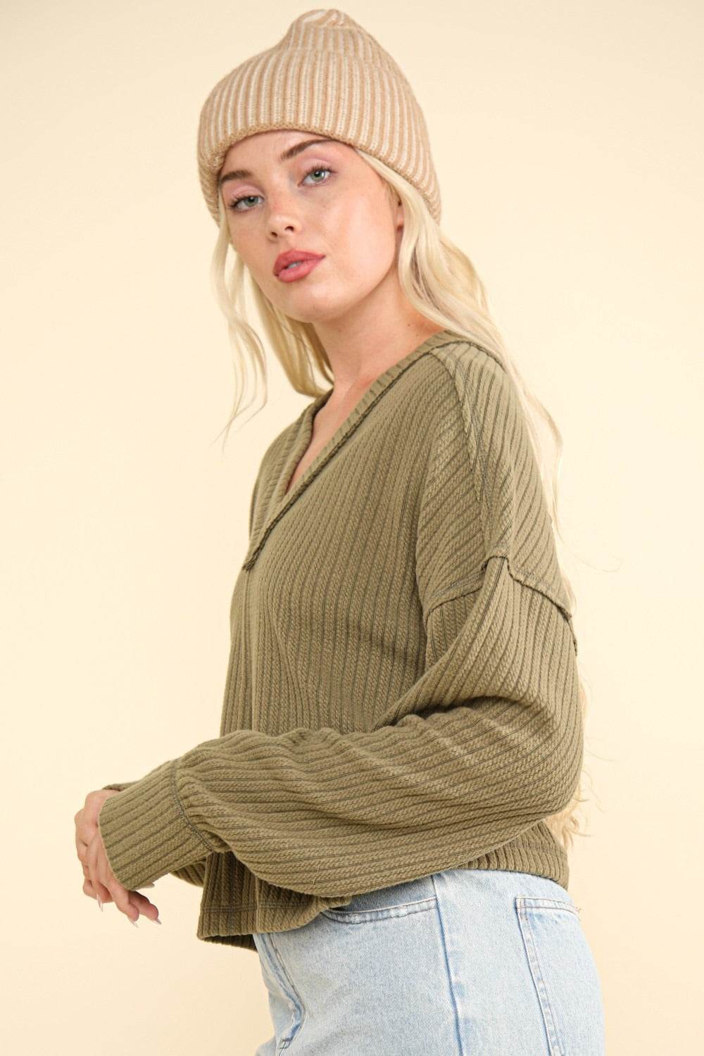 VERY J Exposed Seam V-Neck Ribbed Knit Top - DaTrendStore.Com