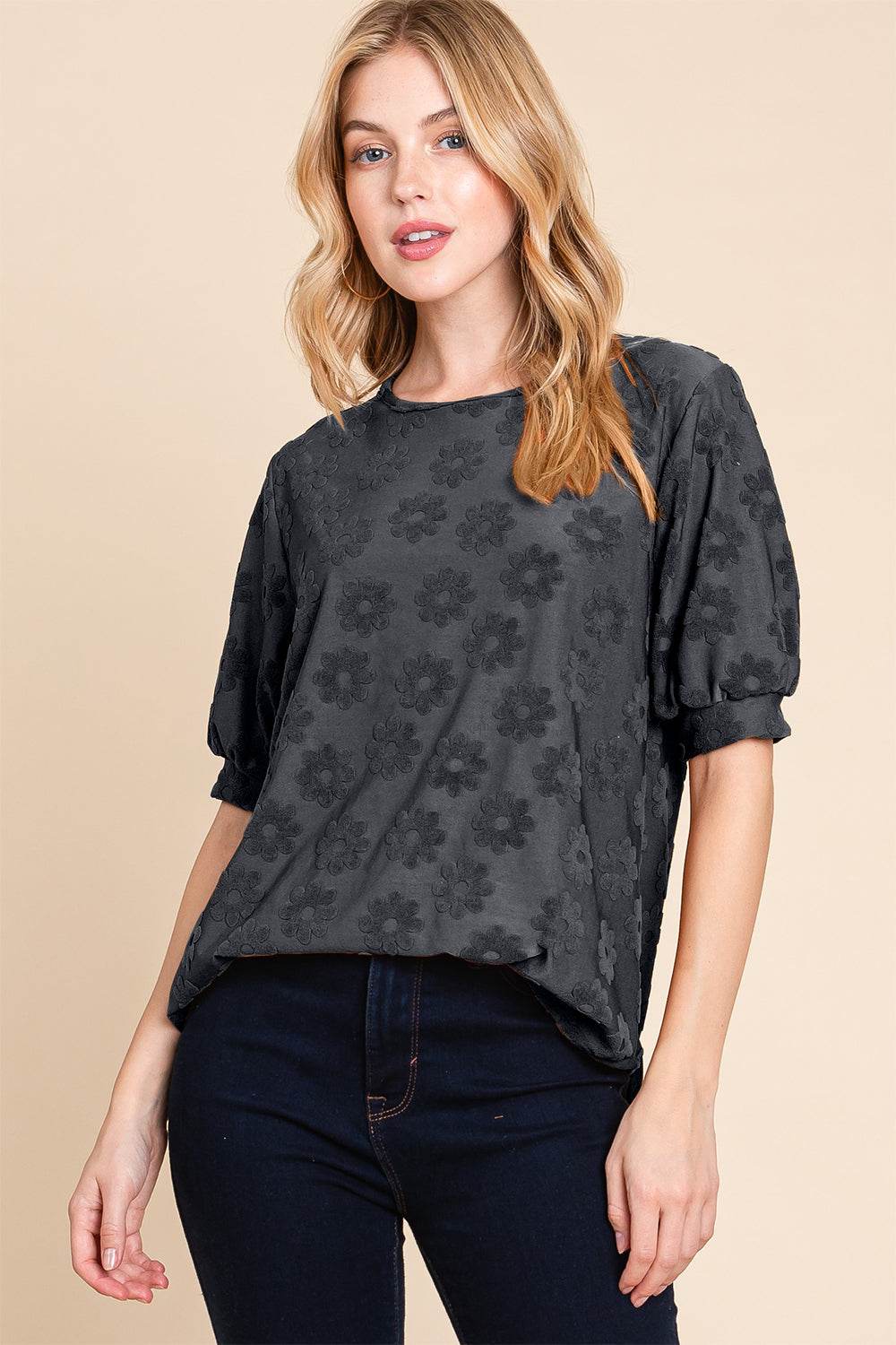 BOMBOM Textured Floral Pattern Top - DaTrendStore.Com
