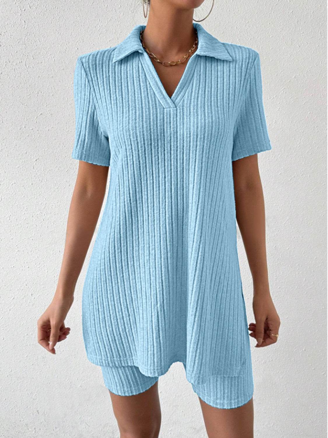 Johnny Collar Short Sleeve Top and Shorts Set - DaTrendStore.Com