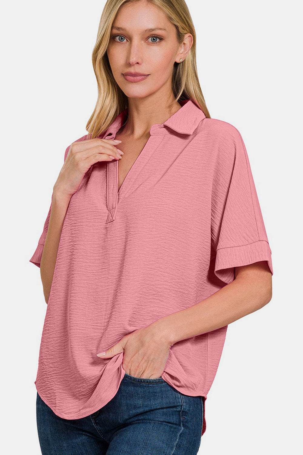 Zenana Texture Collared Neck Short Sleeve Top - DaTrendStore.Com