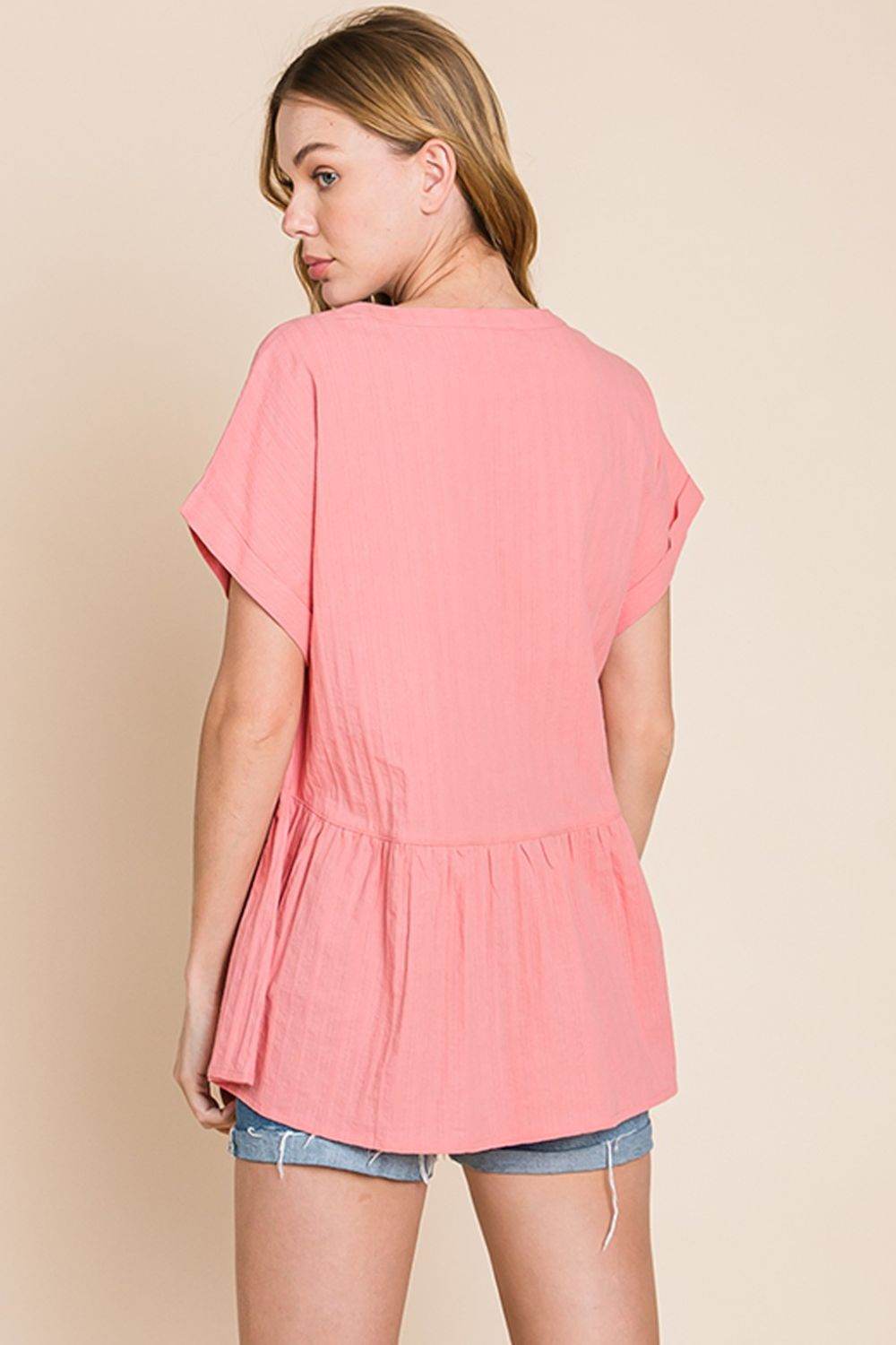 Cotton Bleu by Nu Label Notched Short Sleeve Peplum Top - DaTrendStore.Com