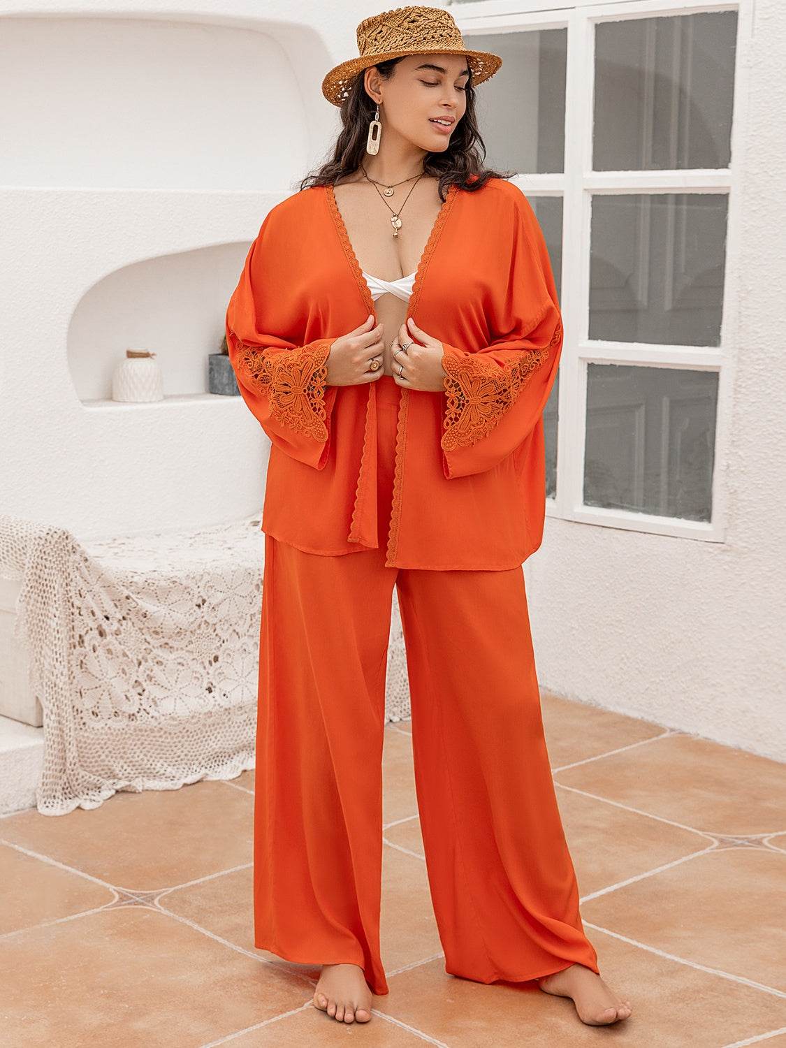 Plus Size Lace Detail Long Sleeve Top and Pants Set - DaTrendStore.Com