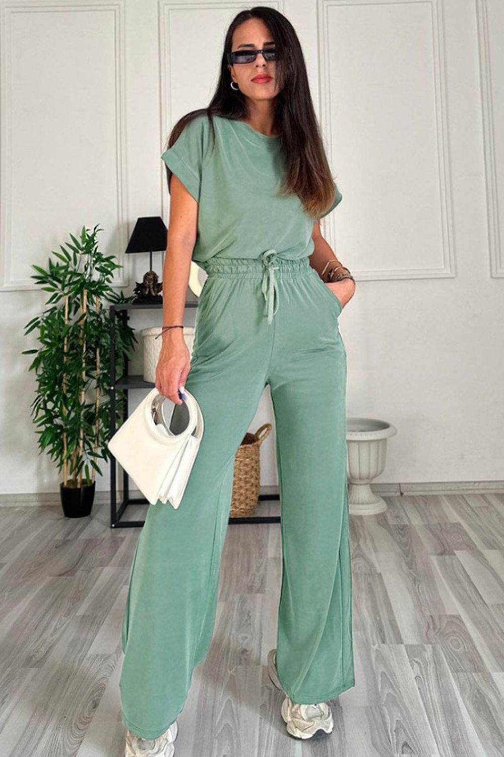 Round Neck Short Sleeve Top and Drawstring Pants Set - DaTrendStore.Com