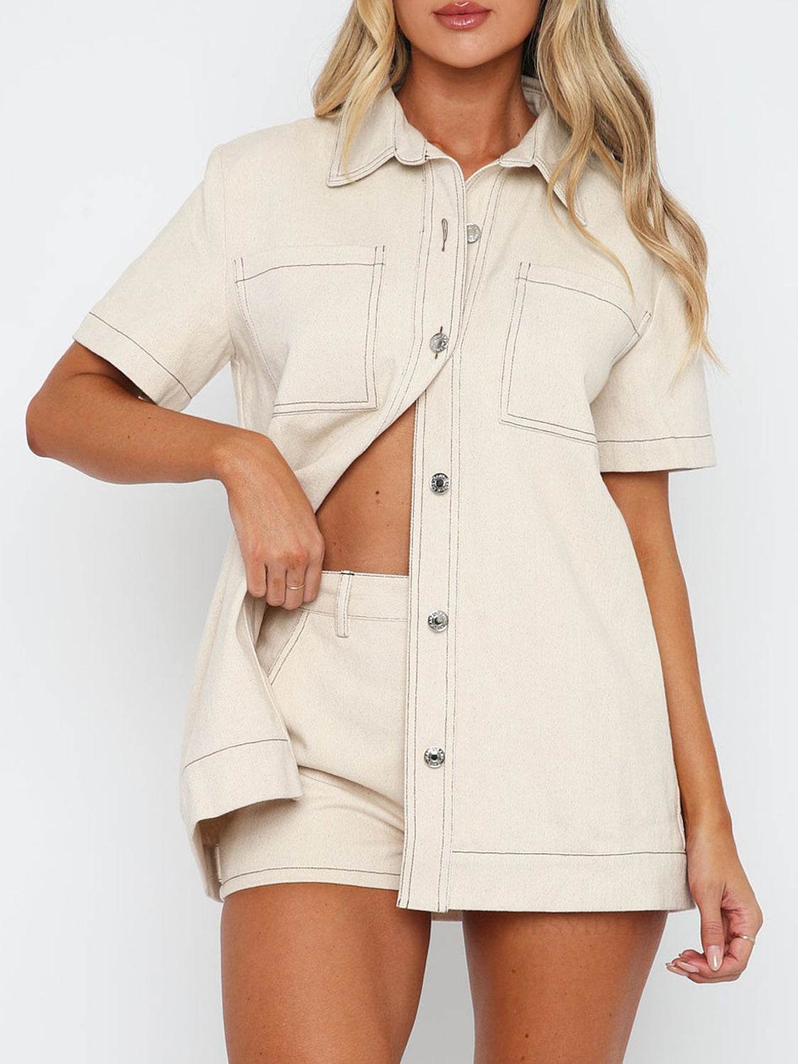 Pocketed Button Up Top and Shorts Set - DaTrendStore.Com