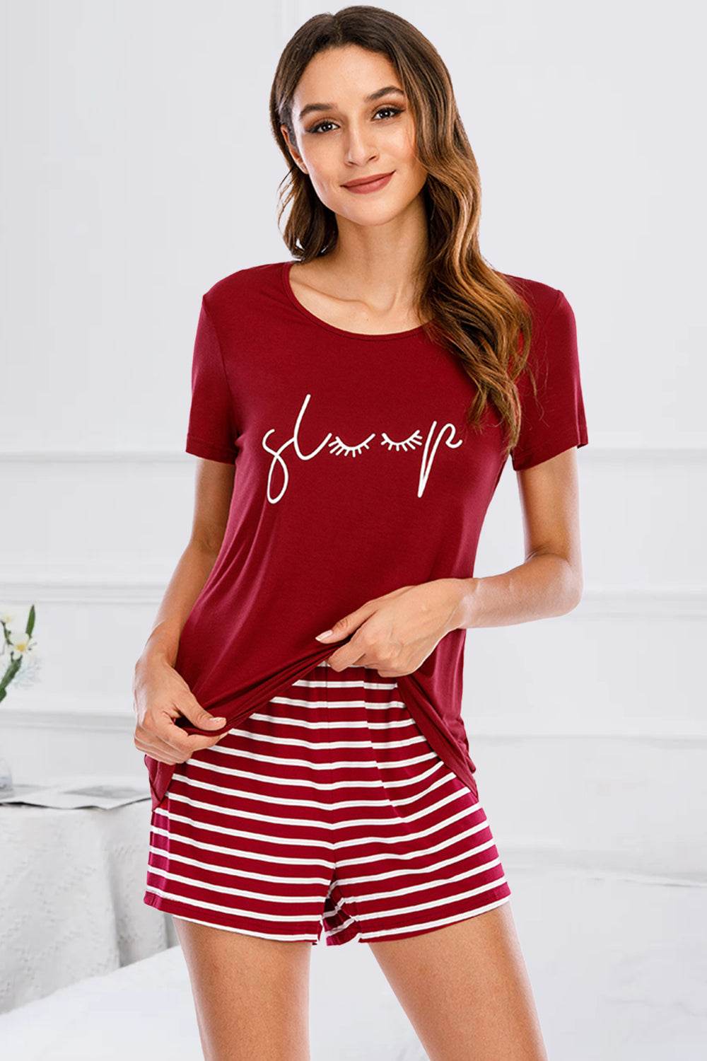 Graphic Round Neck Top and Striped Shorts Lounge Set - DaTrendStore.Com