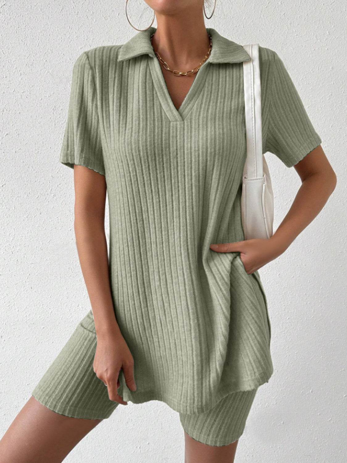 Johnny Collar Short Sleeve Top and Shorts Set - DaTrendStore.Com