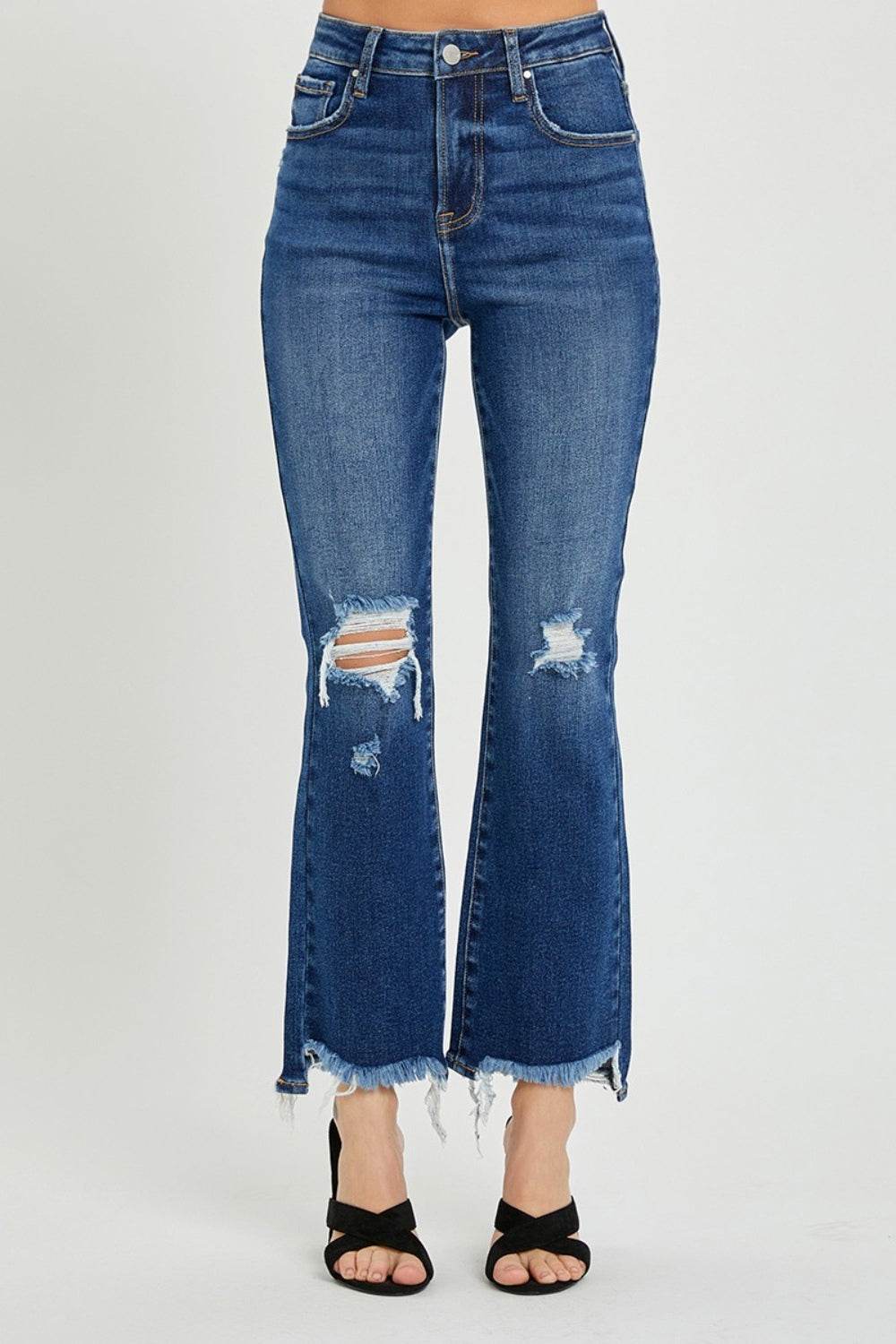 RISEN High Rise Distressed Crop Flare Jeans - DaTrendStore.Com