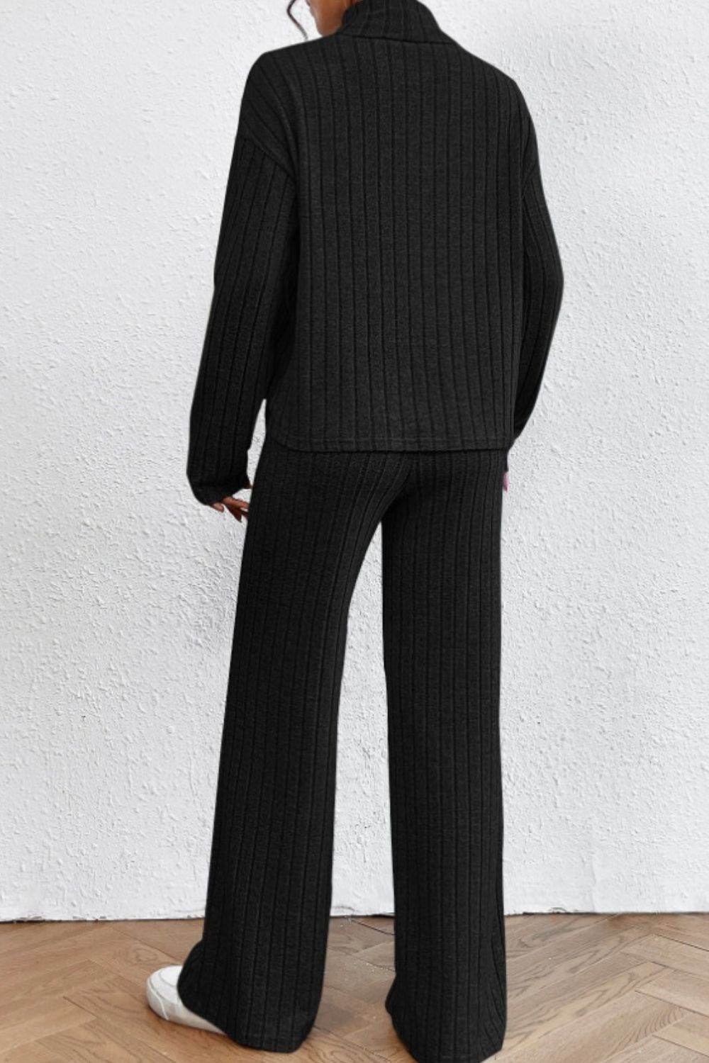 Mock Neck Dropped Shoulder Top and Pants Set - DaTrendStore.Com
