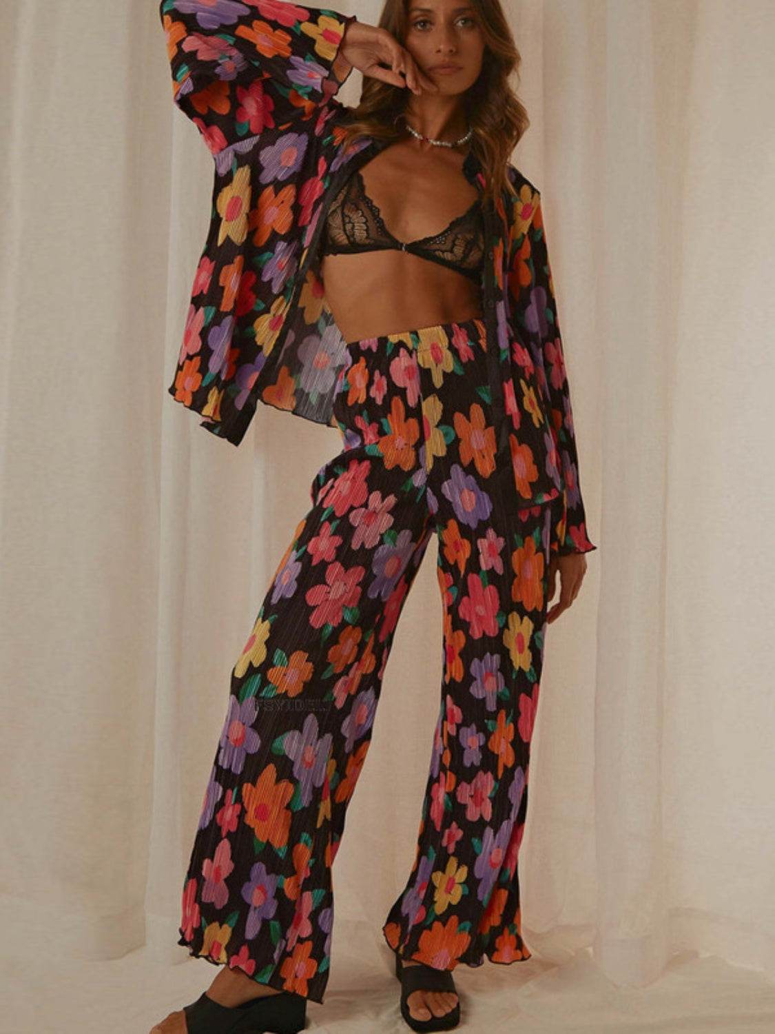 Printed Collared Neck Long Sleeve Top and Pants Lounge Set - DaTrendStore.Com
