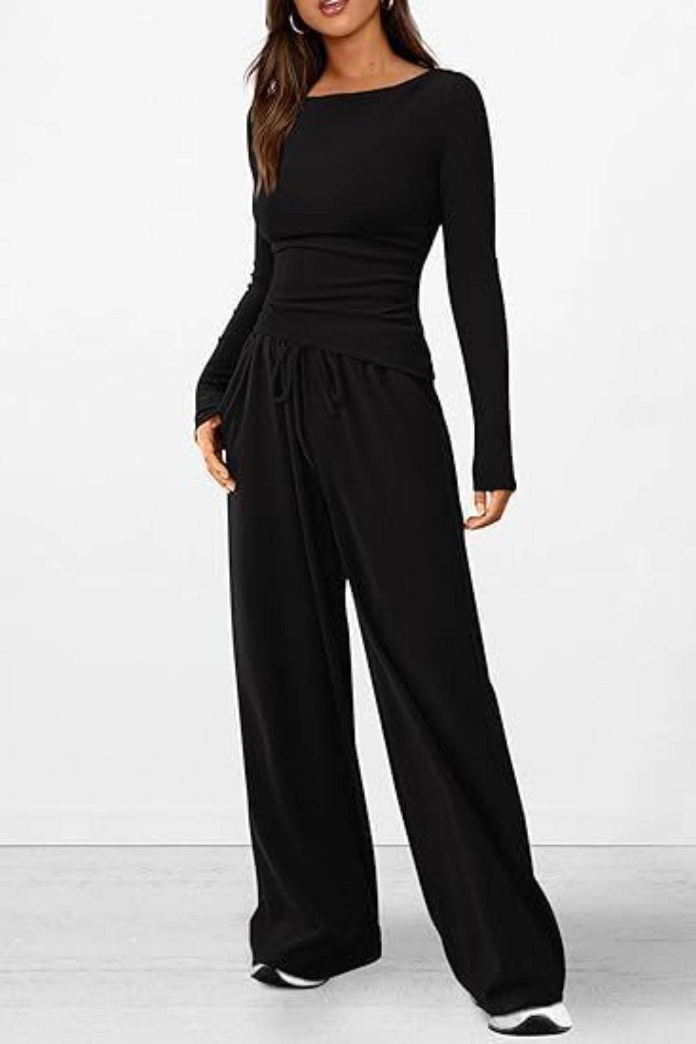 Round Neck Long Sleeve Top and Pants Set - DaTrendStore.Com