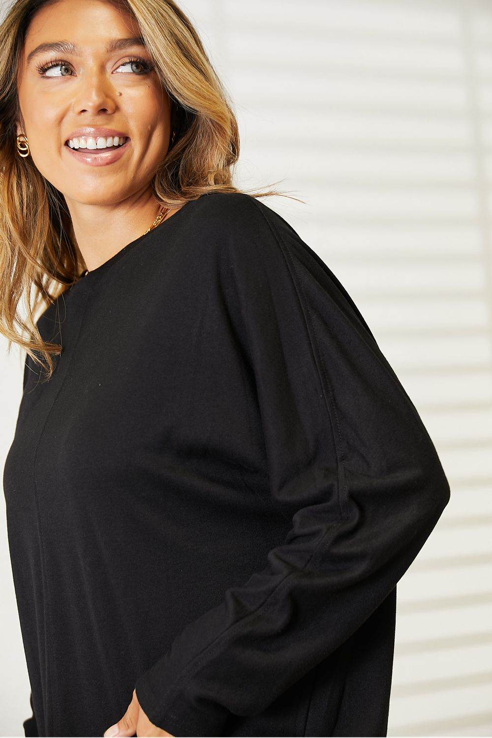 Double Take Seam Detail Round Neck Long Sleeve Top - DaTrendStore.Com