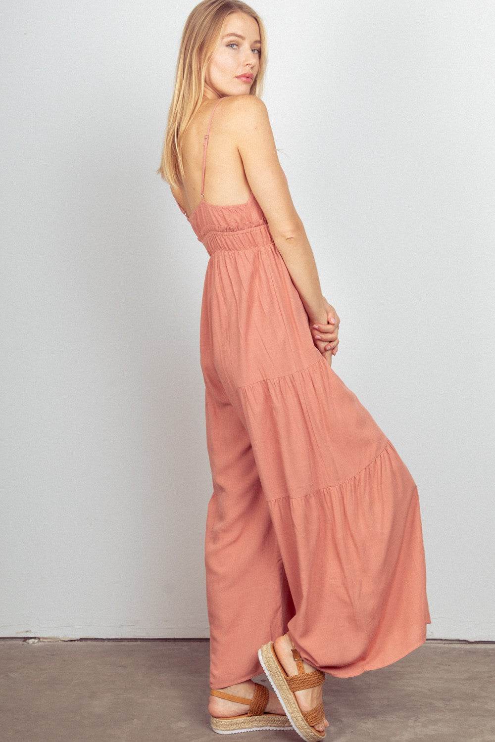 VERY J Sleeveless Ruched Wide Leg Jumpsuit - DaTrendStore.Com
