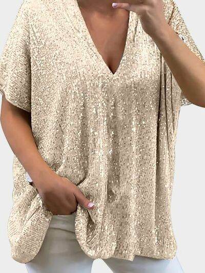 Full Size Sequin V-Neck Short Sleeve Top - DaTrendStore.Com