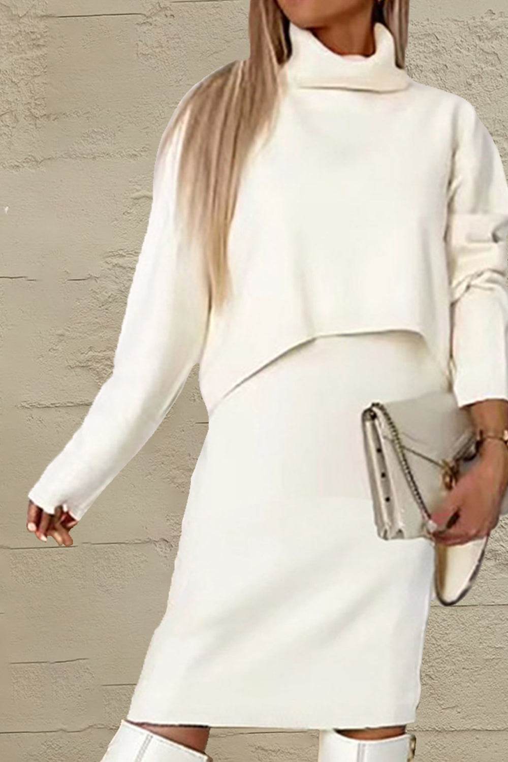 Turtleneck Dropped Shoulder Sweater and Midi Dress Sweater Set - DaTrendStore.Com