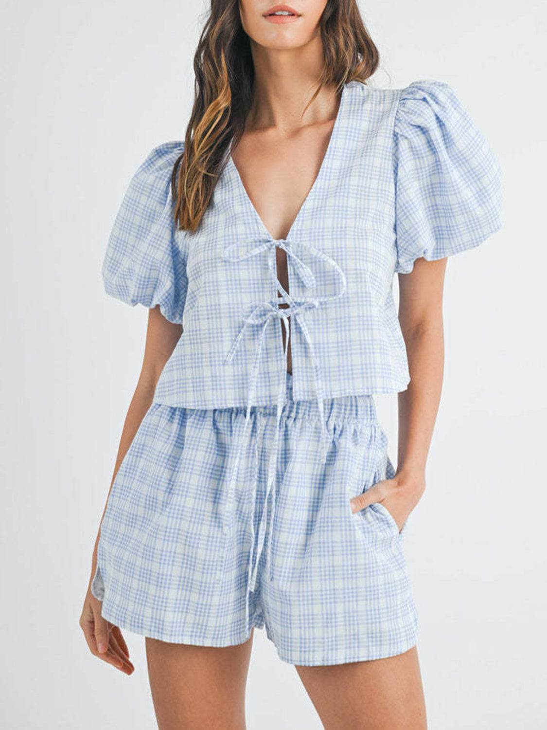 V-Neck Puff Sleeve Top and Shorts Set - DaTrendStore.Com