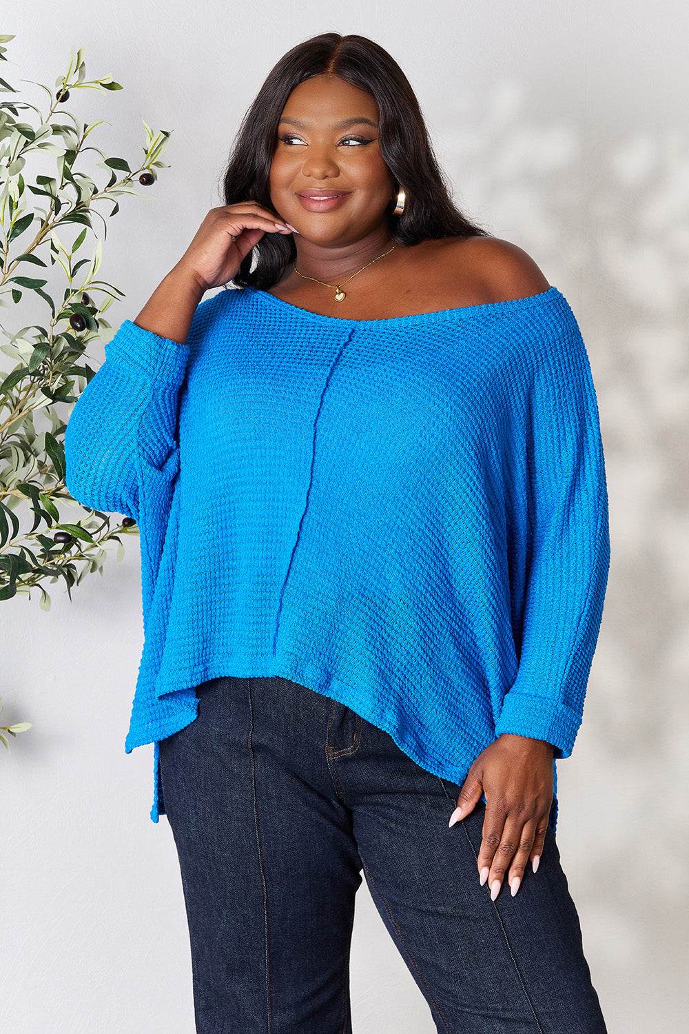 Zenana Full Size Round Neck High-Low Slit Knit Top - DaTrendStore.Com