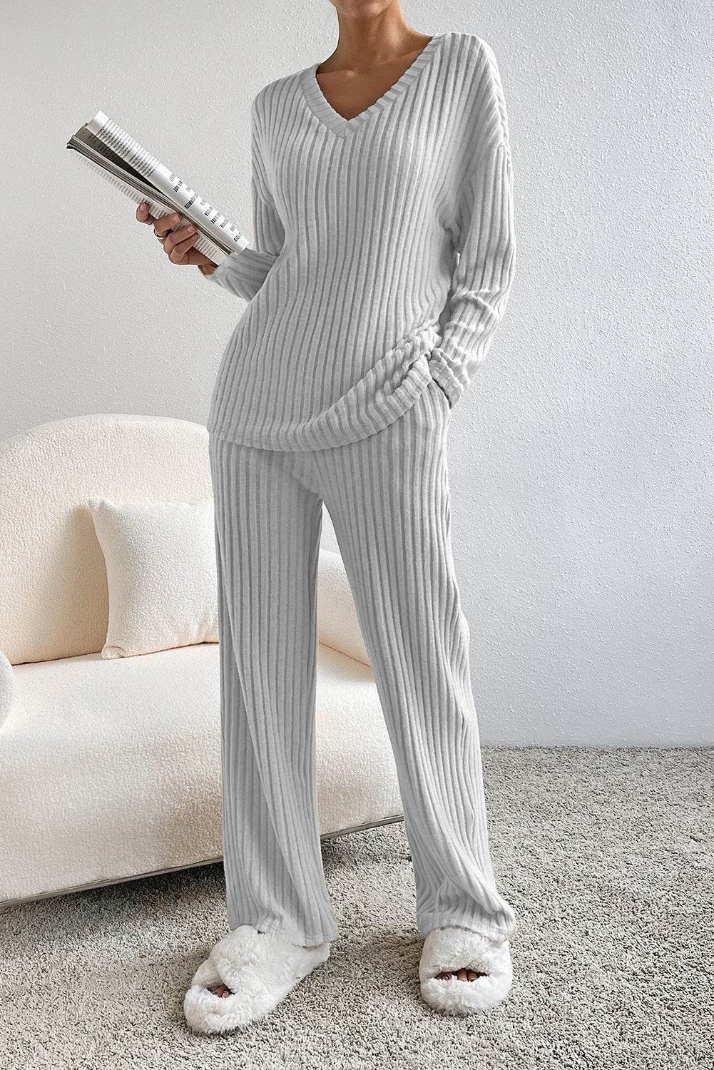 Ribbed V-Neck Top and Pants Lounge Set - DaTrendStore.Com