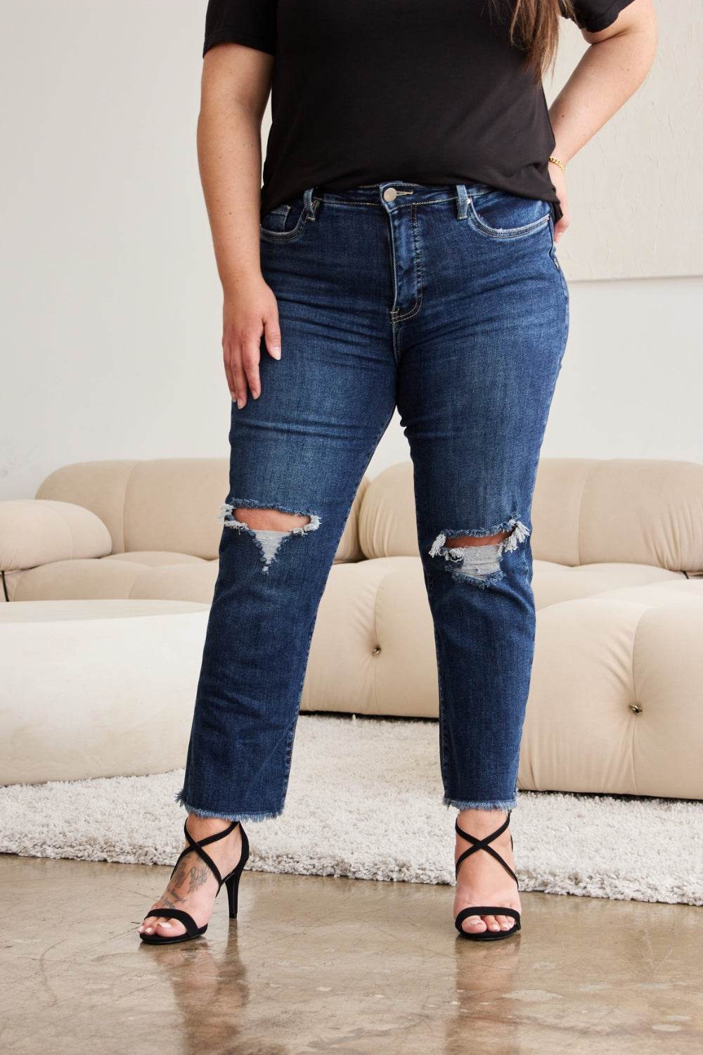 RFM Crop Dylan Full Size Tummy Control Distressed High Waist Raw Hem Jeans - DaTrendStore.Com